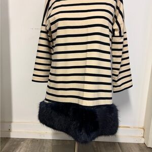 J. Crew Navy and Cream Striped Tunic with Faux Fur Hem